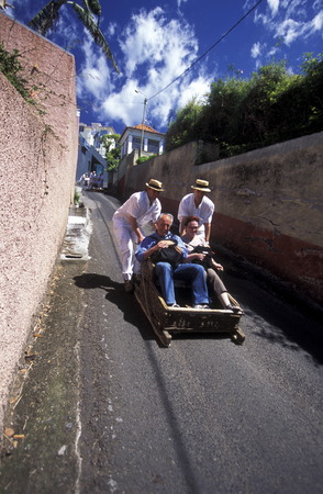 A toboggan runs from Monte to the capital Funchal on the island of Madeira in the Atlantic Oceanのeditorial素材