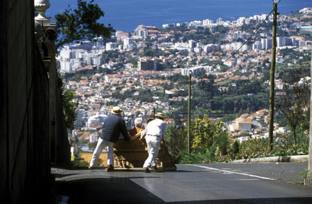 A toboggan runs from Monte to the capital Funchal on the island of Madeira in the Atlantic Oceanのeditorial素材