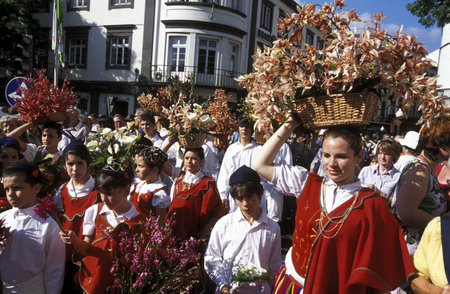The traditional Fruehlings Flower Festival in Funchal on the island of Madeira in the Atlantic Ocean