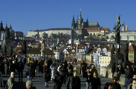 On the Charles Bridge over the Vltava river in Prague the capital of Czech Republicのeditorial素材