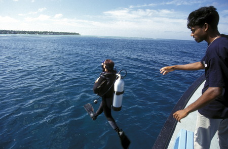 A diving school on the island Velavaru in the South Male Atoll in the islands of the Maldives in the Indian Oceanのeditorial素材