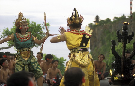 The Pura Luhur Ulu Watu temple with a Bali dance show in sueden of Bali on the island of Bali in Indonesiaのeditorial素材