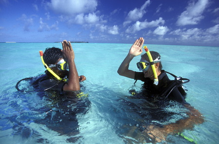 A diving school on the island Velavaru in the South Male Atoll in the islands of the Maldives in the Indian Oceanのeditorial素材