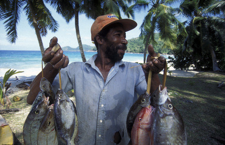 A fisherman on the Iceland of Praslin in the Seychelles archipelago in the Indian Ocean of in Africaのeditorial素材