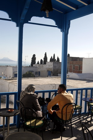 The old town of Sidi Bou Said in the twilight on the Mediterranean and North of the Tunisian capital, Tunisのeditorial素材