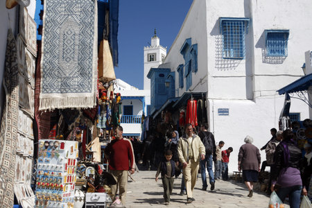 An alley in the old town of Sidi Bou Said on the Mediterranean Sea north of Tunis in Tunisia in North Africaのeditorial素材