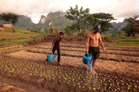 A mountain village near the village of Kasi at the national highway 13 between Vang Vieng and Luang Prabang in Laos of Central Laos in Southeast Asia in the mountain regionのeditorial素材