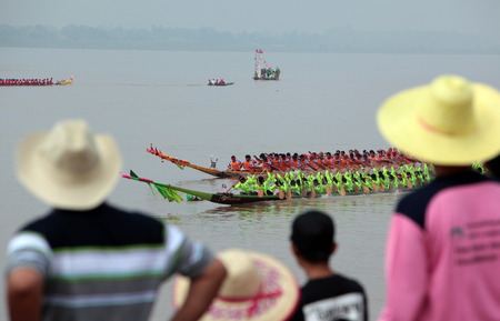 Rowers at the traditional boat races on the Mekong River in Vientiane, capital of Laos in Southeast Asiaのeditorial素材
