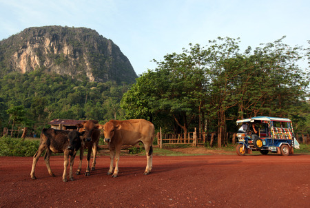 The Road 12 near the village of Tham Pa Fa Mahaxai May from near the town of Tha Khaek in central Laos on the border with Thailand in Southeast Asiaのeditorial素材
