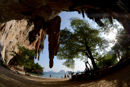 The Hat Phra Nang Beach at Railay near Ao Nang outside of the City of Krabi on the Andaman Sea in the south of Thailand. のeditorial素材
