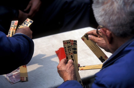 Older people play chinese games in a parc in the city of Chengdu in the provinz Sichuan in centrall...