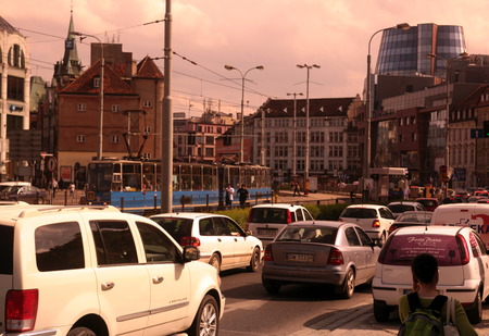 The traffic in the city center of Wroclaw or Wroclaw in the west of Poland.のeditorial素材
