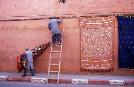 The Souq or Bazzar or Market in the old town of Marrakesh in Morocco in North Africa.のeditorial素材