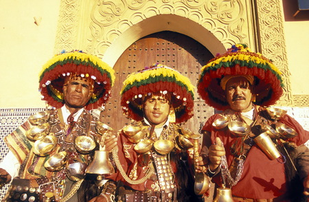 Traditional water seller at the Djemma del Fna Square in the old town of Marrakesh in Morocco in North Africa.のeditorial素材