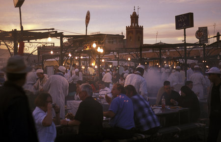 The Streetfood and Nightlife at the Djemma del Fna Square in the old town of Marrakesh in Morocco in...