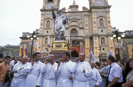The traditional prozession of St Philip at the Church St Philip in the Village of Zebbug on Malta in Europe.のeditorial素材