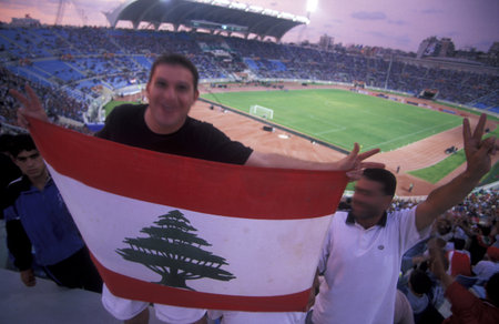 Lebanon soccer fans in the National Stadium in Beirut in Lebanon.のeditorial素材