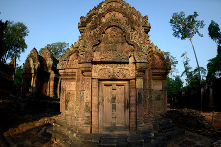 The Tempel Ruin of  Banteay Srei about 32 Km north of the Temple City of Angkor near the City of Siem Riep in the west of Cambodia.のeditorial素材