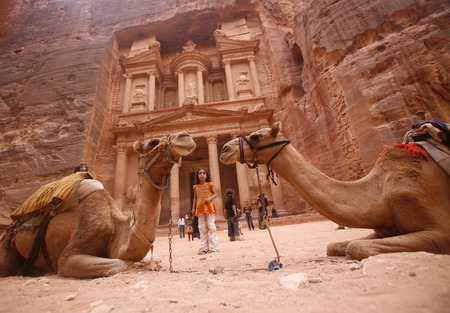 The Al Khazneh Treasury in the Temple city of Petra in Jordan in the middle east.のeditorial素材