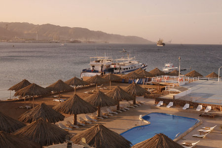 the coast with a Beach in the city of Aqaba on the red sea in Jordan in the middle east.