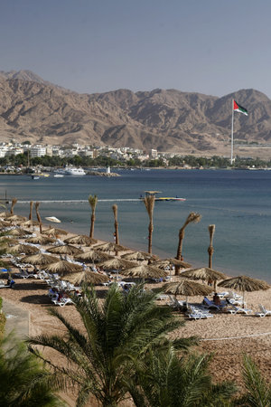 the coast with a Beach in the city of Aqaba on the red sea in Jordan in the middle east.