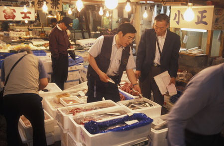 a fish shop in the City center of Tokyo in Japan in Asia,のeditorial素材
