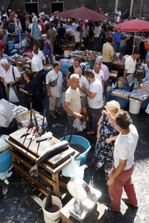 The Fishmarket in the old Town of Catania in Sicily in south Italy in Europe.のeditorial素材