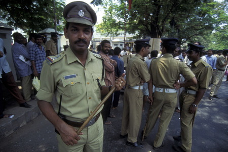 a group of police men in the city of Kochi in the province Kerala in India.のeditorial素材