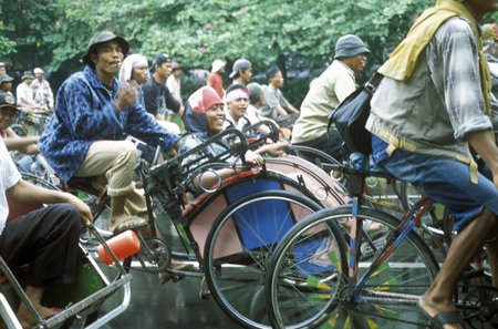 a riksha taxi driver Protest in the city centre of Jakarta in Indonesia in Southeastasia.