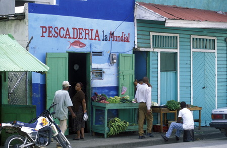 a fish shop at the Village of Las Terrenas on Samanaon in The Dominican Republic in the Caribbean Sea in Latin America.のeditorial素材