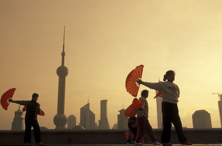 the skyline of Pudong in the City of Shanghai in China in east asia.のeditorial素材