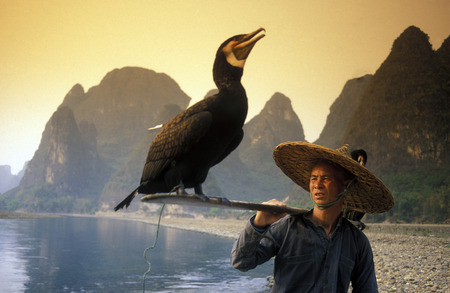 the landscape at the Li River near Yangshuo near the city of Guilin in the Guangxi Province of China in in east asia.のeditorial素材