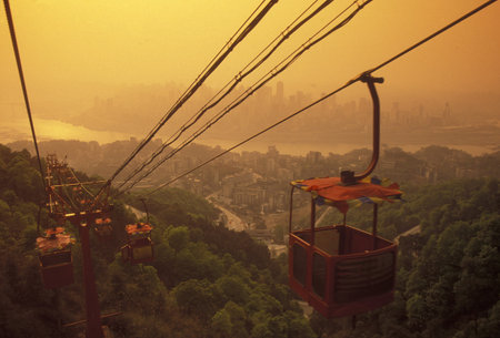 the cable car on the way over the yangzee River in the city of Chongqing in the province of Sichuan...