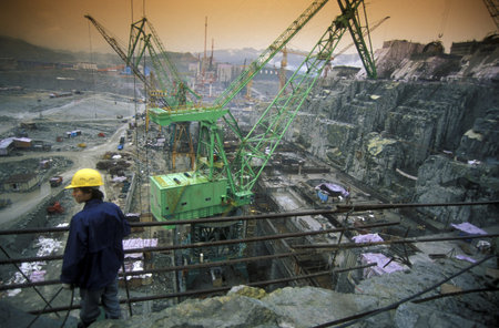 the constructions work at the three gorges dam project on the river in the province of yangzi hubei...