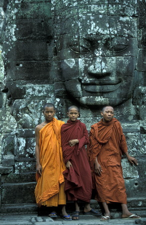 the Bayon temple in Angkor Thom temples in Angkor at the town of Siem Reap in cambodia in Southeastasia.のeditorial素材