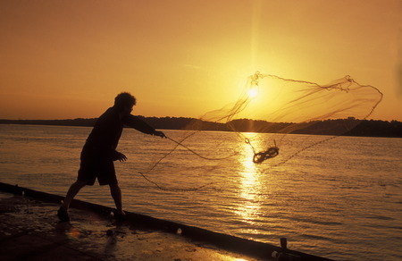 a fishing men at the river Danube in the city of Ruse on the border to romania in Bulgaria in east Europe.のeditorial素材