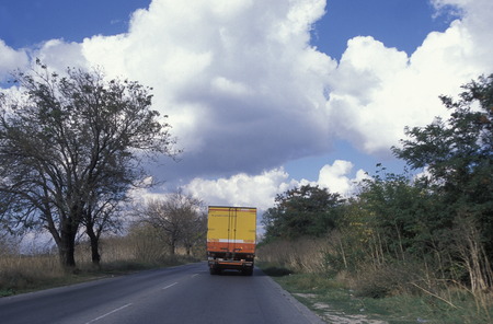 a hightway with a truck outside of the city of Sofia in Bulgaria in east Europe.のeditorial素材