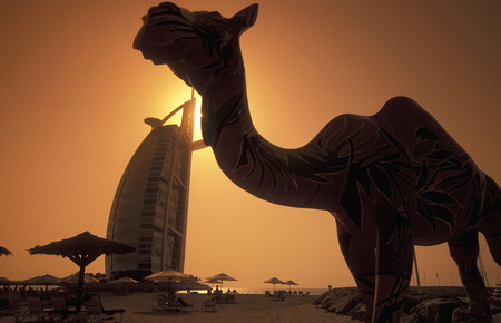 the hotel Burj al Arab in the city of Dubai in the Arab Emirates in the Gulf of Arabia.のeditorial素材