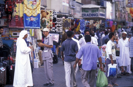 a shopping street in the souq or Market in the old town in the city of Dubai in the Arab Emirates in the Gulf of Arabia.のeditorial素材
