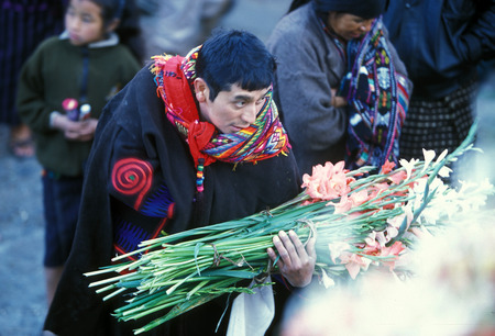 people in traditional clotes at the Market in the Village of  Chichi or Chichicastenango in Guatemala in central America.のeditorial素材