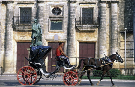a horse cart Taxi transport in the old town of cardenas in the provine of Matanzas on Cuba in the caribbean sea.のeditorial素材