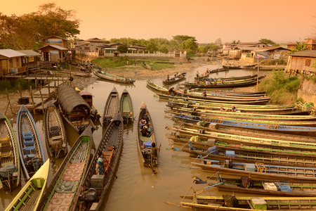 the Boat landing Pier at the Nan Chaung Main Canal in the city of Nyaungshwe at the Inle Lake in the Shan State in the east of Myanmar in Southeastasia.のeditorial素材