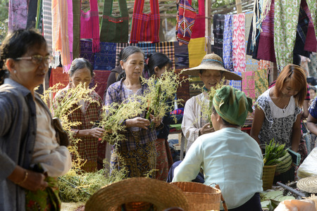 the Flower market at the Market in the village of Ywama at the Inle Lake in the Shan State in the east of Myanmar in Southeastasia.のeditorial素材