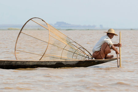 A fishingboat on the Lake Inle near the town of Nyaungshwe at the Inle Lake in the Shan State in the east of Myanmar in Southeastasia.のeditorial素材