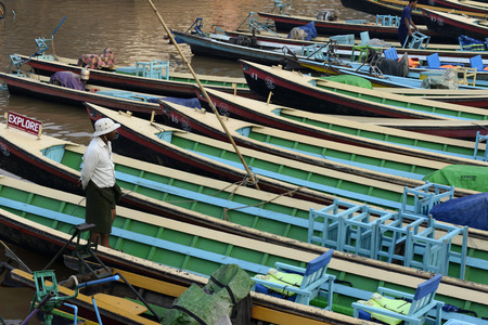 the Boat landing Pier at the Nan Chaung Main Canal in the city of Nyaungshwe at the Inle Lake in the Shan State in the east of Myanmar in Southeastasia.のeditorial素材