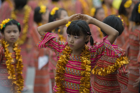 Traditional Dance Girls at the Thingyan Water Festival at the Myanmar New Year in the city centre of Mandalay in Manamar in Southeastasia.のeditorial素材