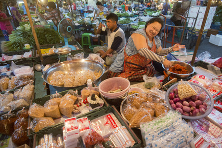 the food market at the morning Market in Nothaburi in the north of city of Bangkok in Thailand in Southeastasia.のeditorial素材
