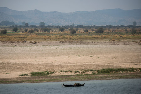 the landscape of the Ayeyarwady River in Bagan in Myanmar in Southeastasia.のeditorial素材