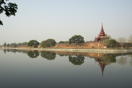 the Moat and Fortress wall of the Royal Palace in the City of Mandalay in Myanmar in Southeastasia.のeditorial素材
