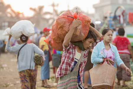 a fegetable market in a Market near the City of Yangon in Myanmar in Southeastasia.のeditorial素材